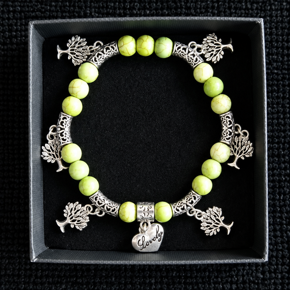 Green Stone Family Tree Charm Bracelet
