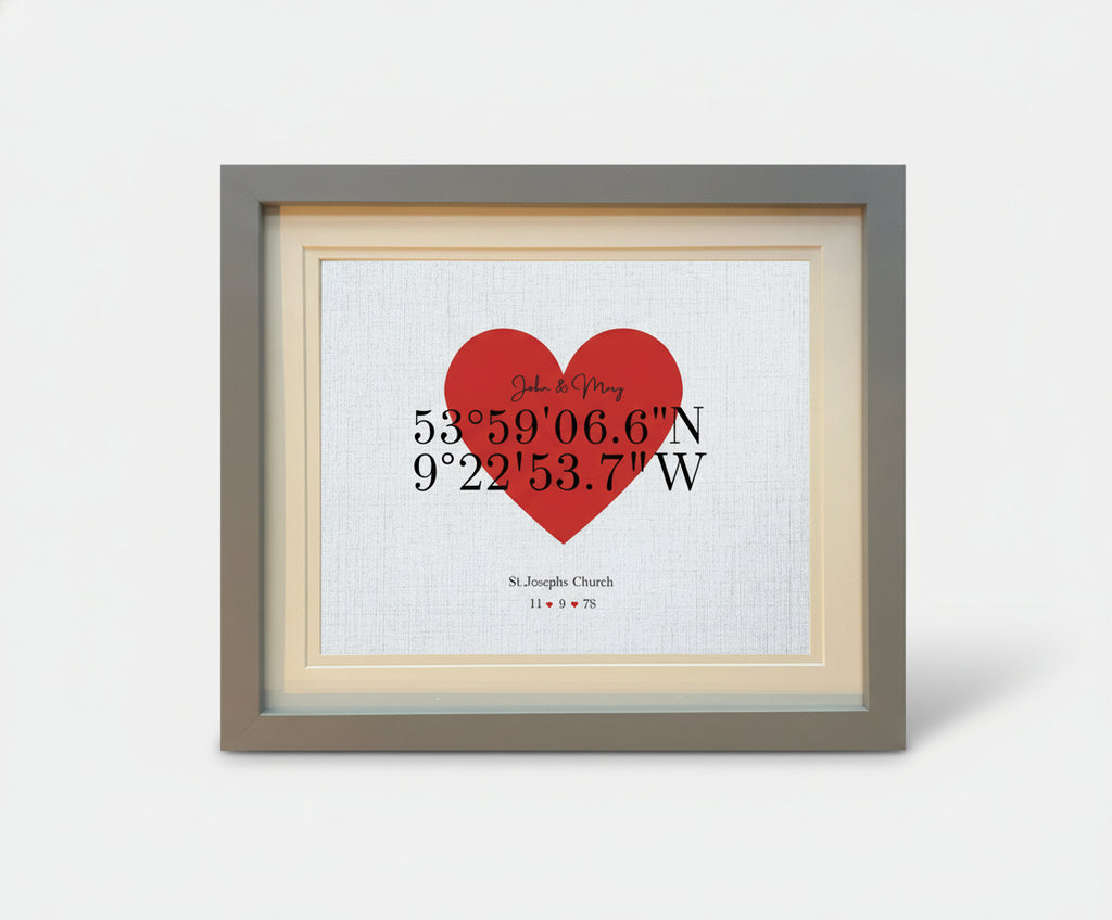 Framed print with a red heart and coordinates on a white background