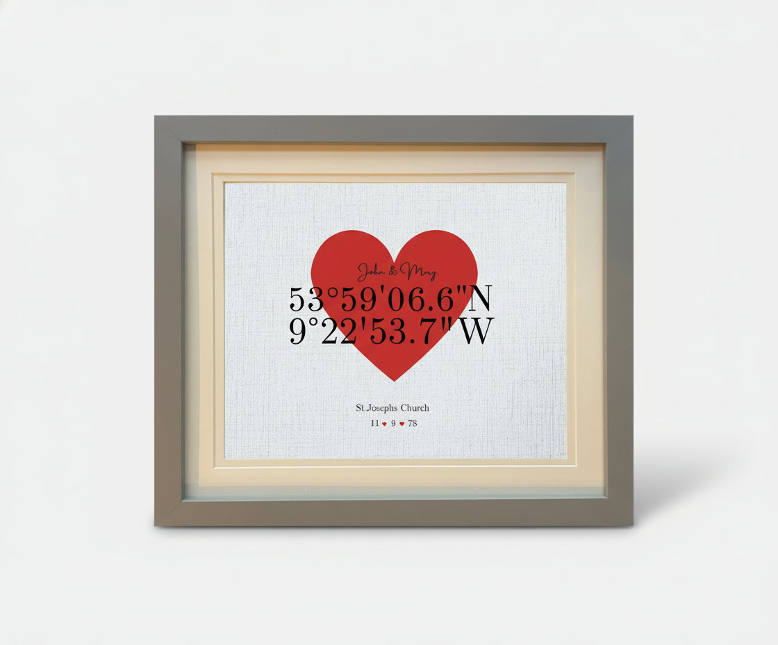 Framed print with a red heart and coordinates on a white background