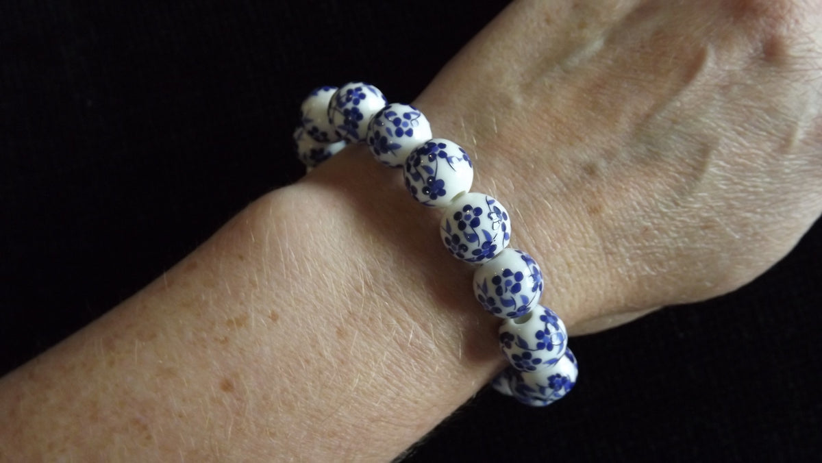 Vintage Blue And White Floral Ceramic Beaded Bracelet