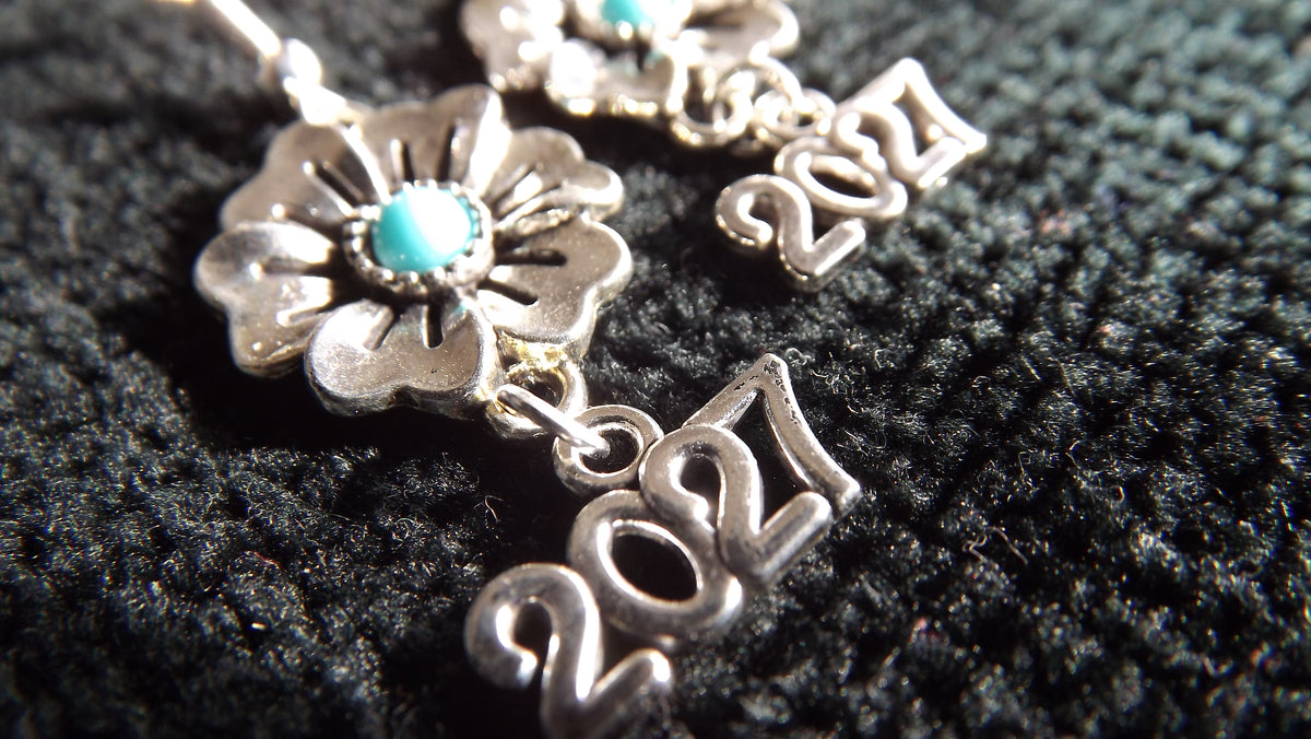 2027 Silver Coloured  Turquoise Flower Earrings