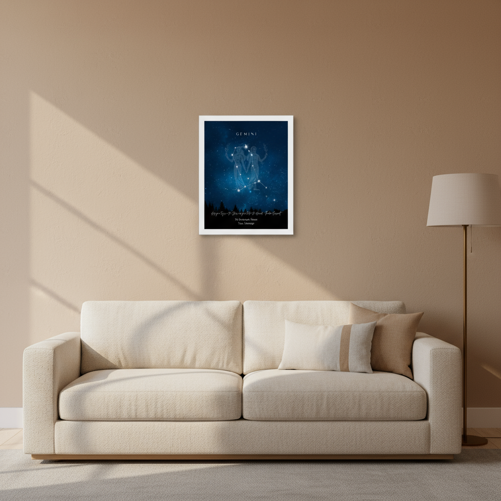 Framed poster on a wall above a bookshelf in a room with a lamp and plant.