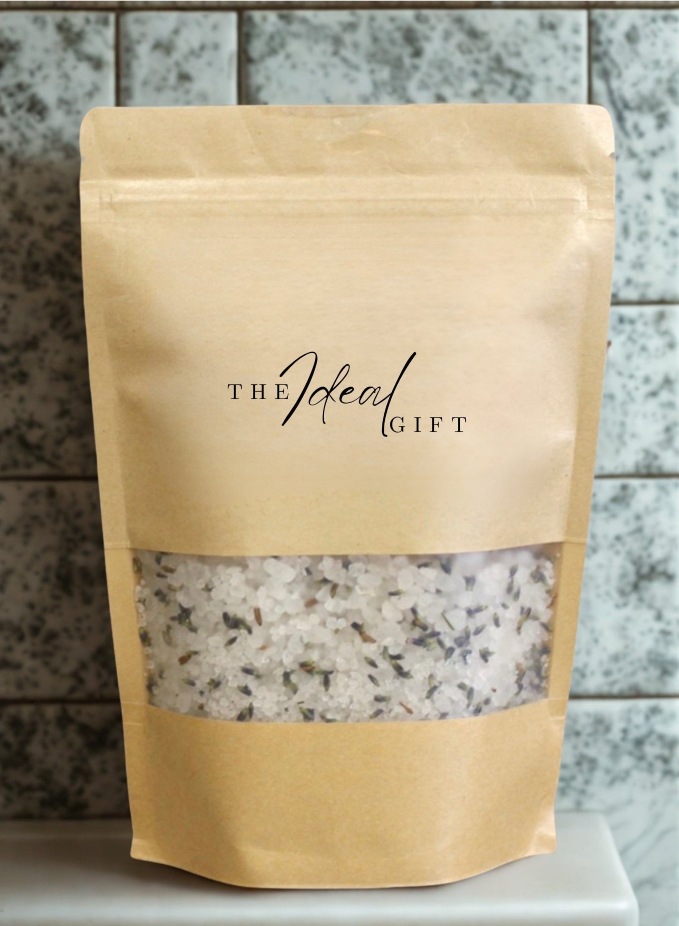 Kraft paper packaging with bath salt product on a light background