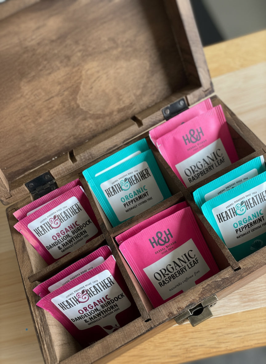 wooden tea box with selection of teas