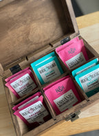 wooden tea box with selection of teas