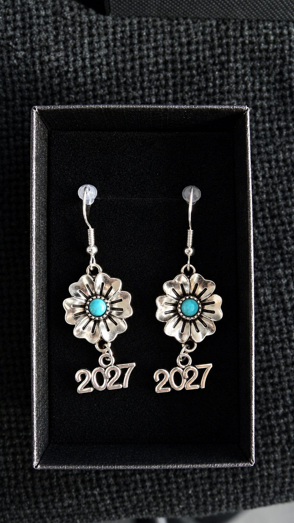 2027 Silver Coloured  Turquoise Flower Earrings