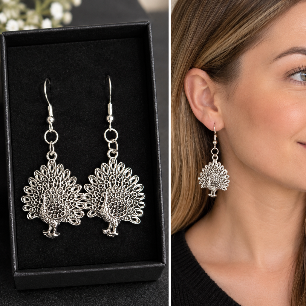 Silver-toned filigree peacock drop earrings displayed in a black presentation box, with a side-by-side close-up of the earrings worn on a woman's ear.