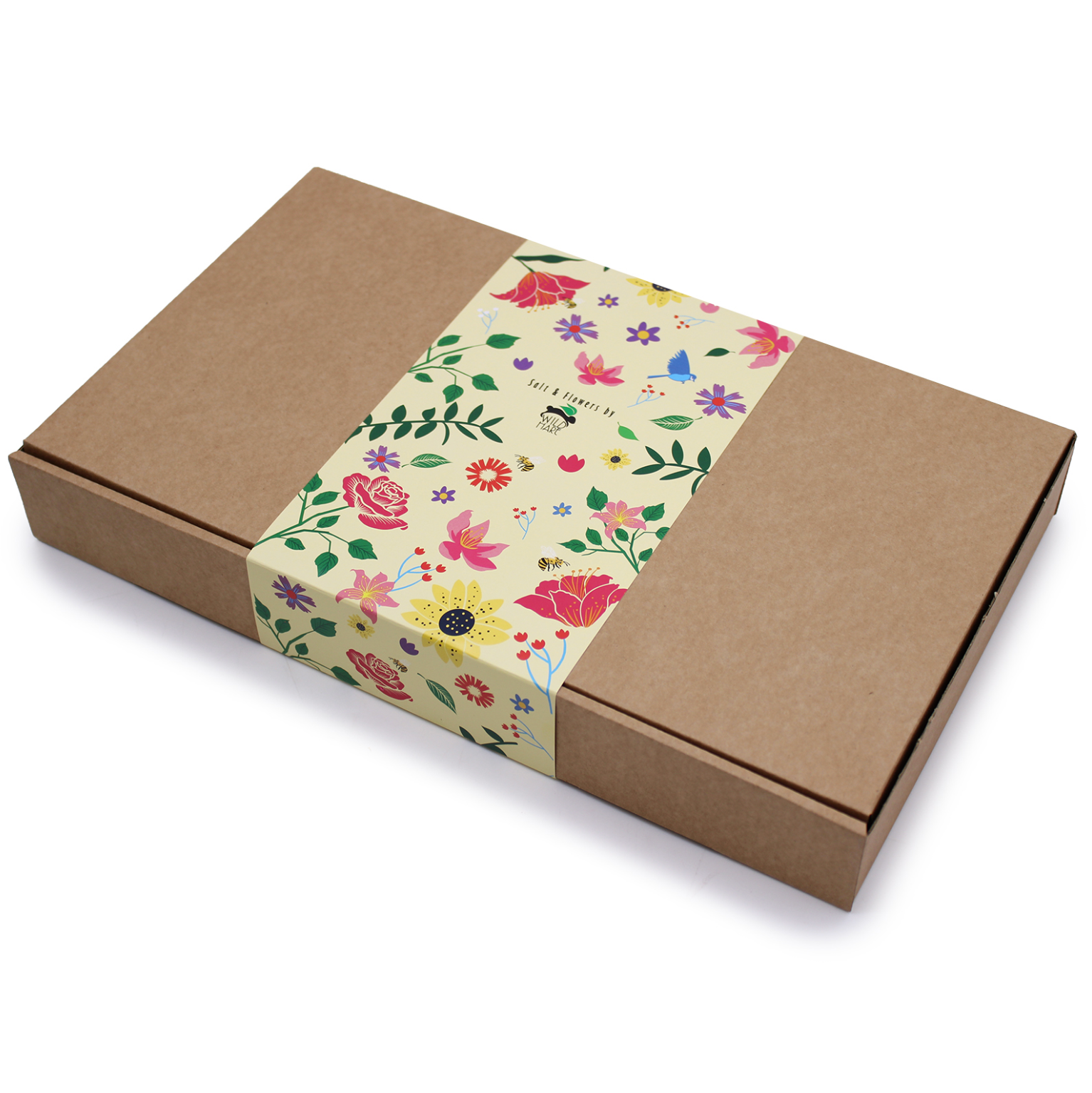 Brown cardboard box with a floral ribbon on a white background