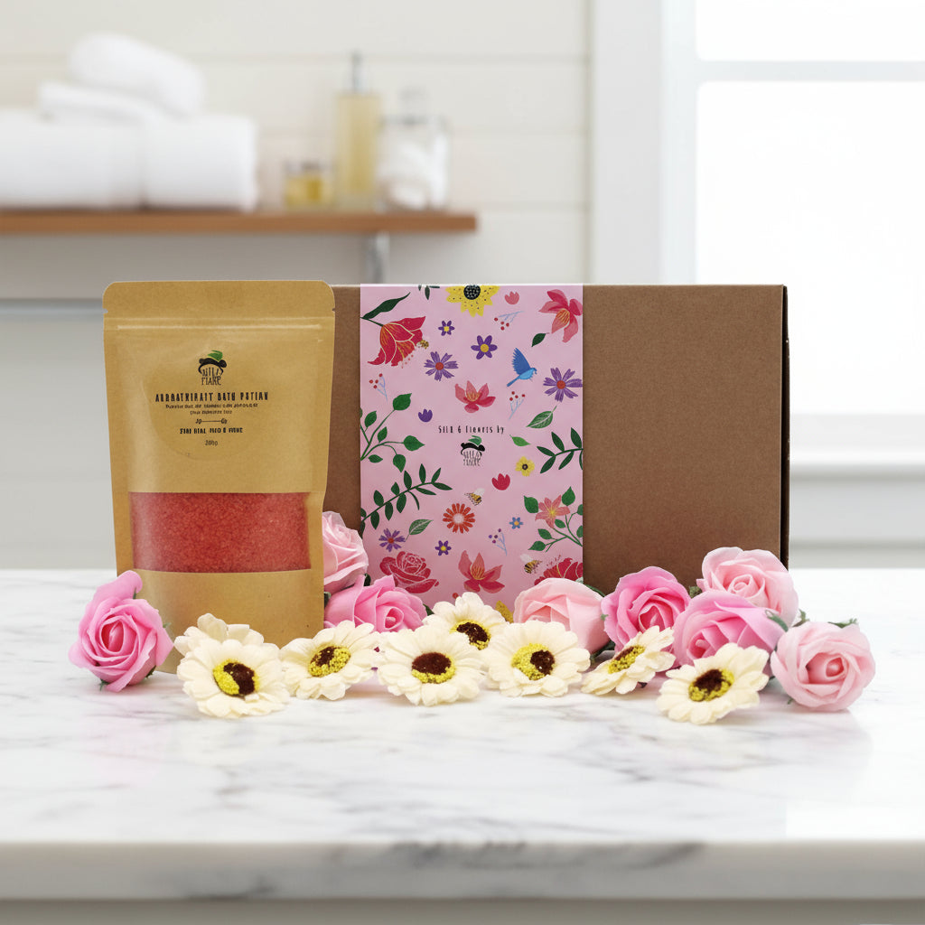 Product packaging with flowers on a white background